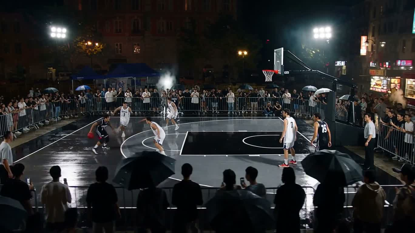雨の夜のストリートバスケ