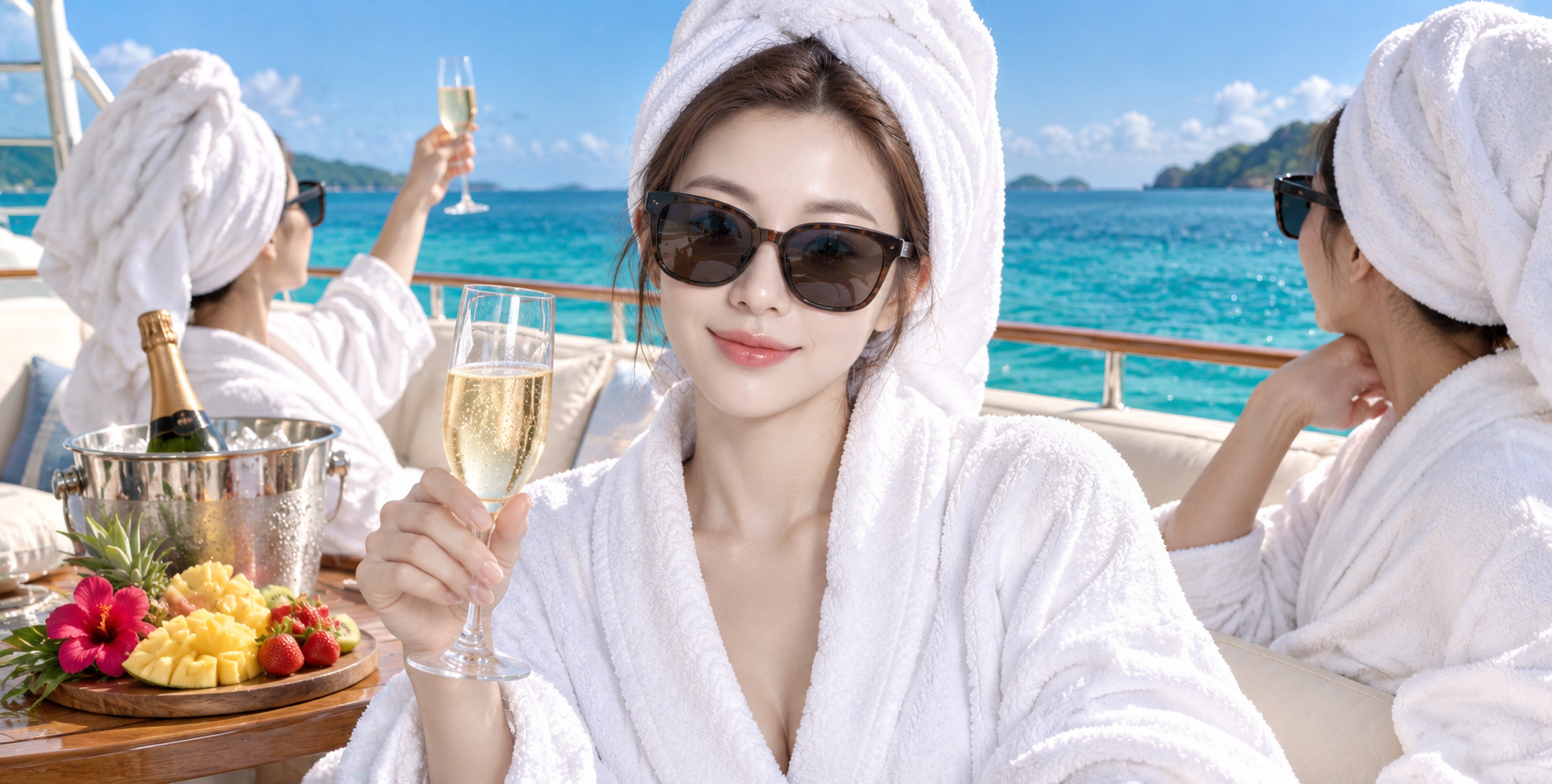 熱帯のヨットデッキで大人の女性たちがスパを楽しむ祝賀シーン