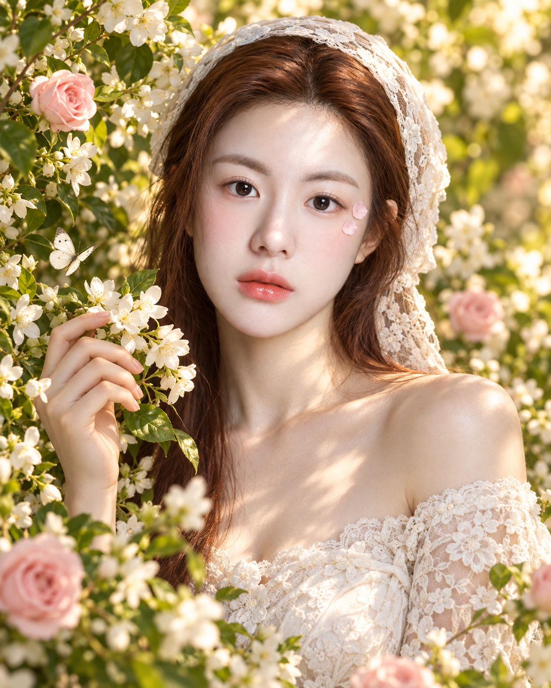 茉莉与粉玫瑰间成年女性蕾丝肖像