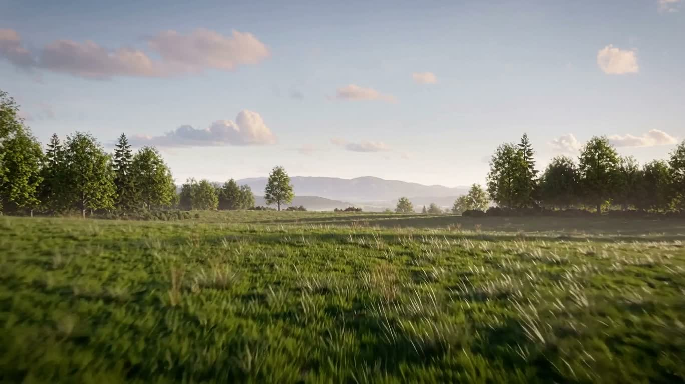 晨光起伏草原与远方城镇 — AI video creation