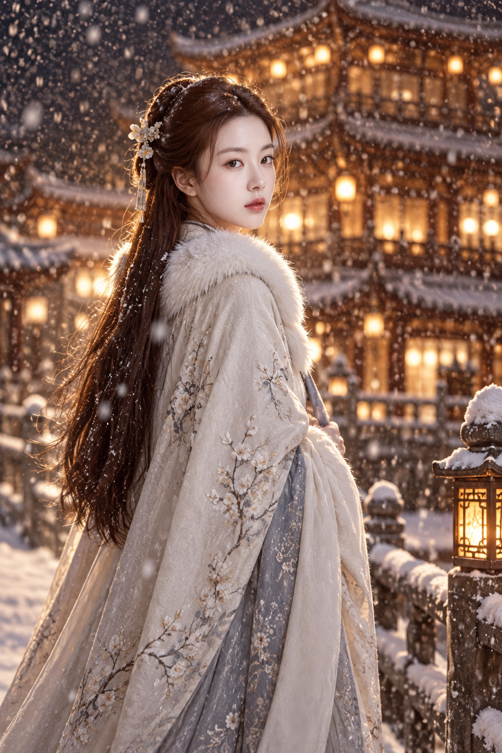 东亚古风雪夜回眸电影感人像
