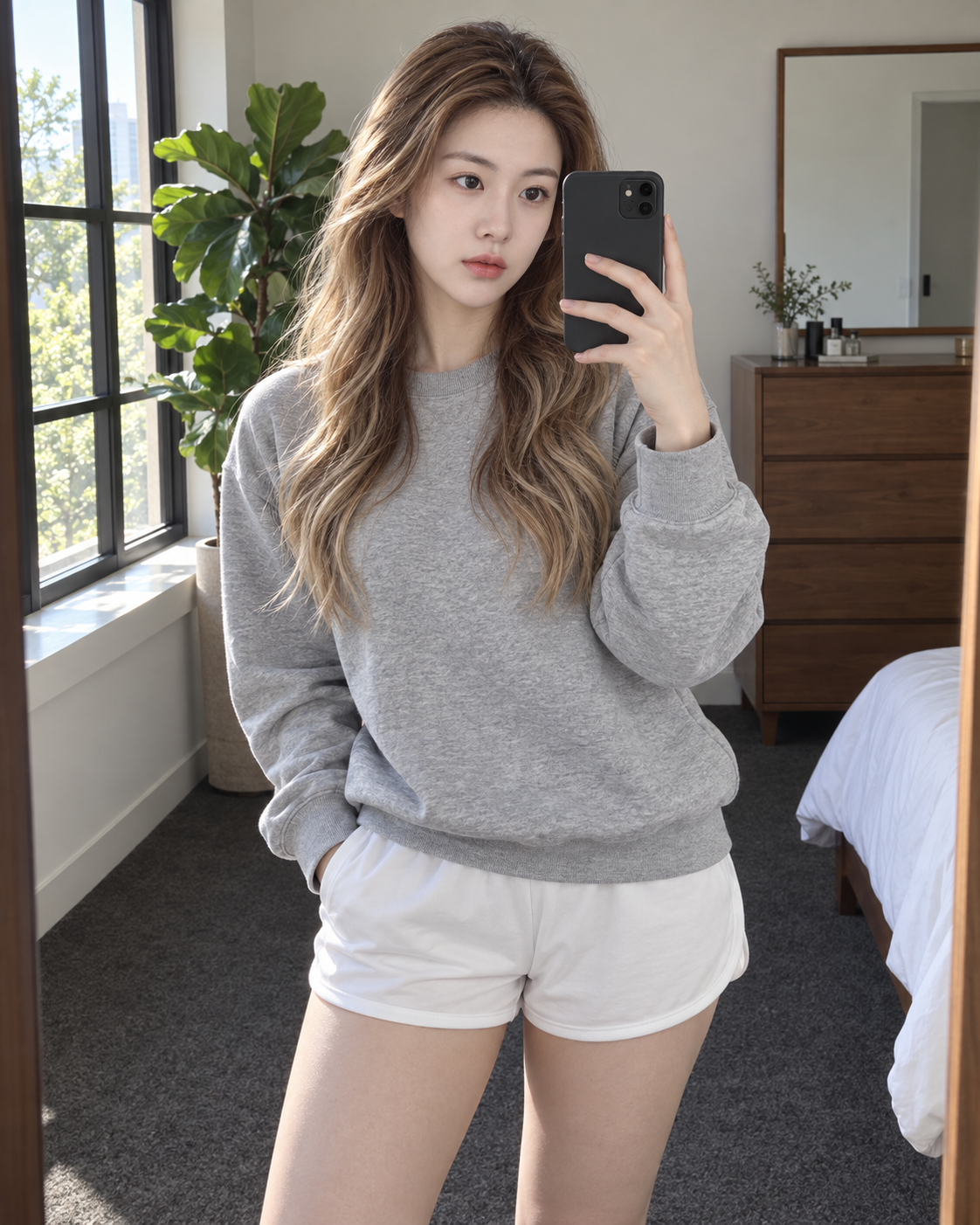 Ảnh selfie gương của phụ nữ trưởng thành mặc đồ thường ngày trong phòng ngủ sáng