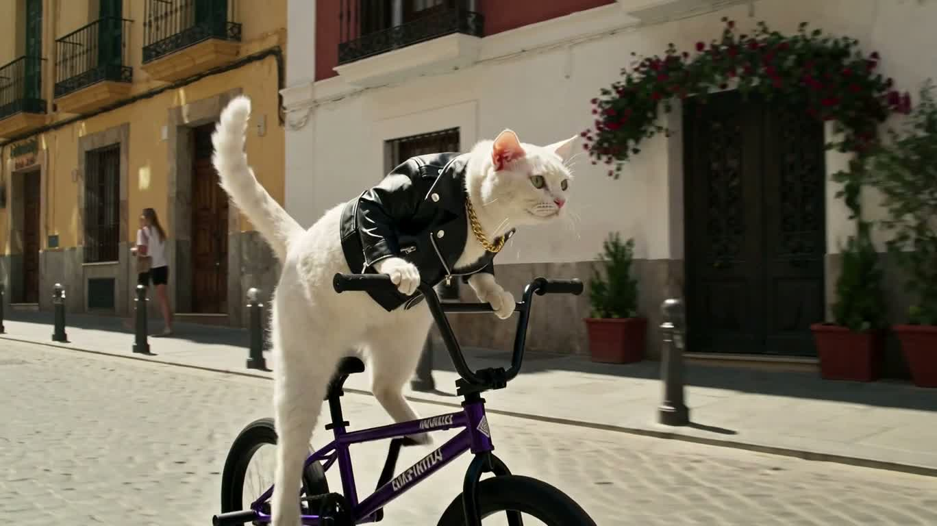 Белый кот на фиолетовом BMX на улицах Малаги