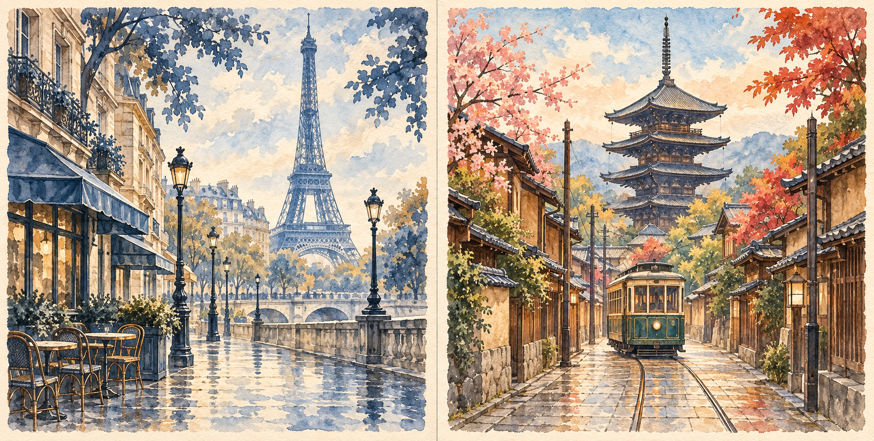 巴黎与京都复古水彩旅行海报双联画