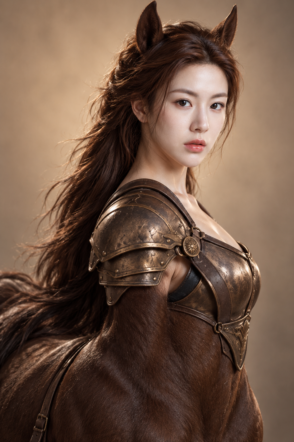 Chân dung nữ chiến binh nhân mã trưởng thành trong studio màu be ấm