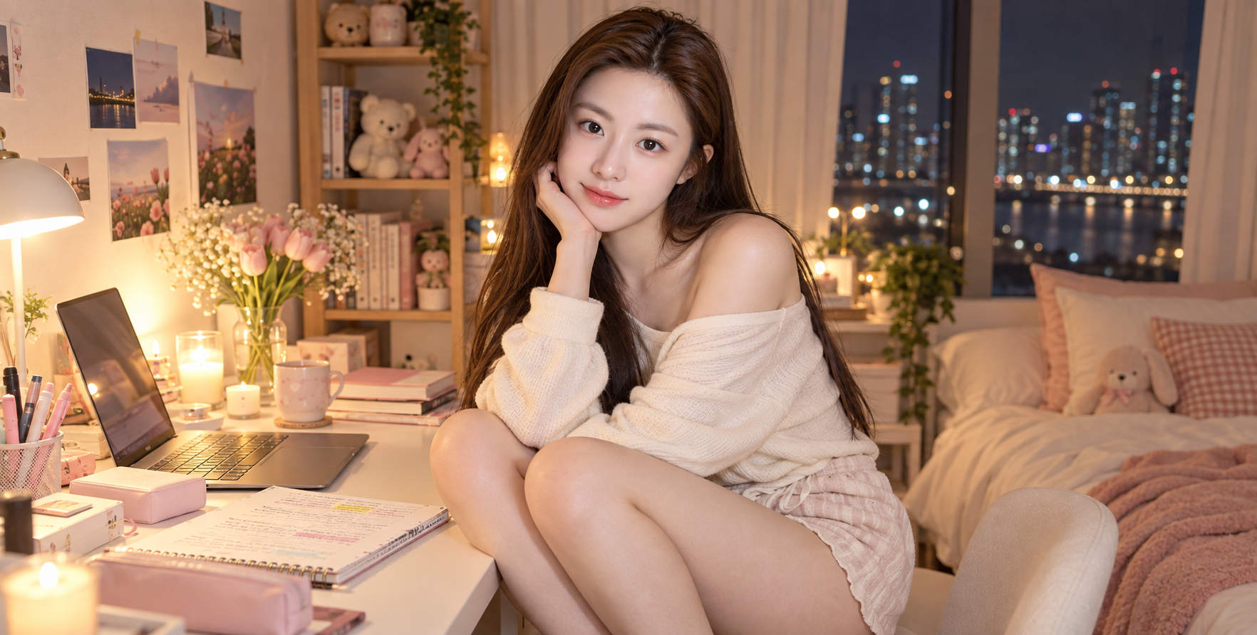 奶油色韩系成年女性深夜书房生活写真