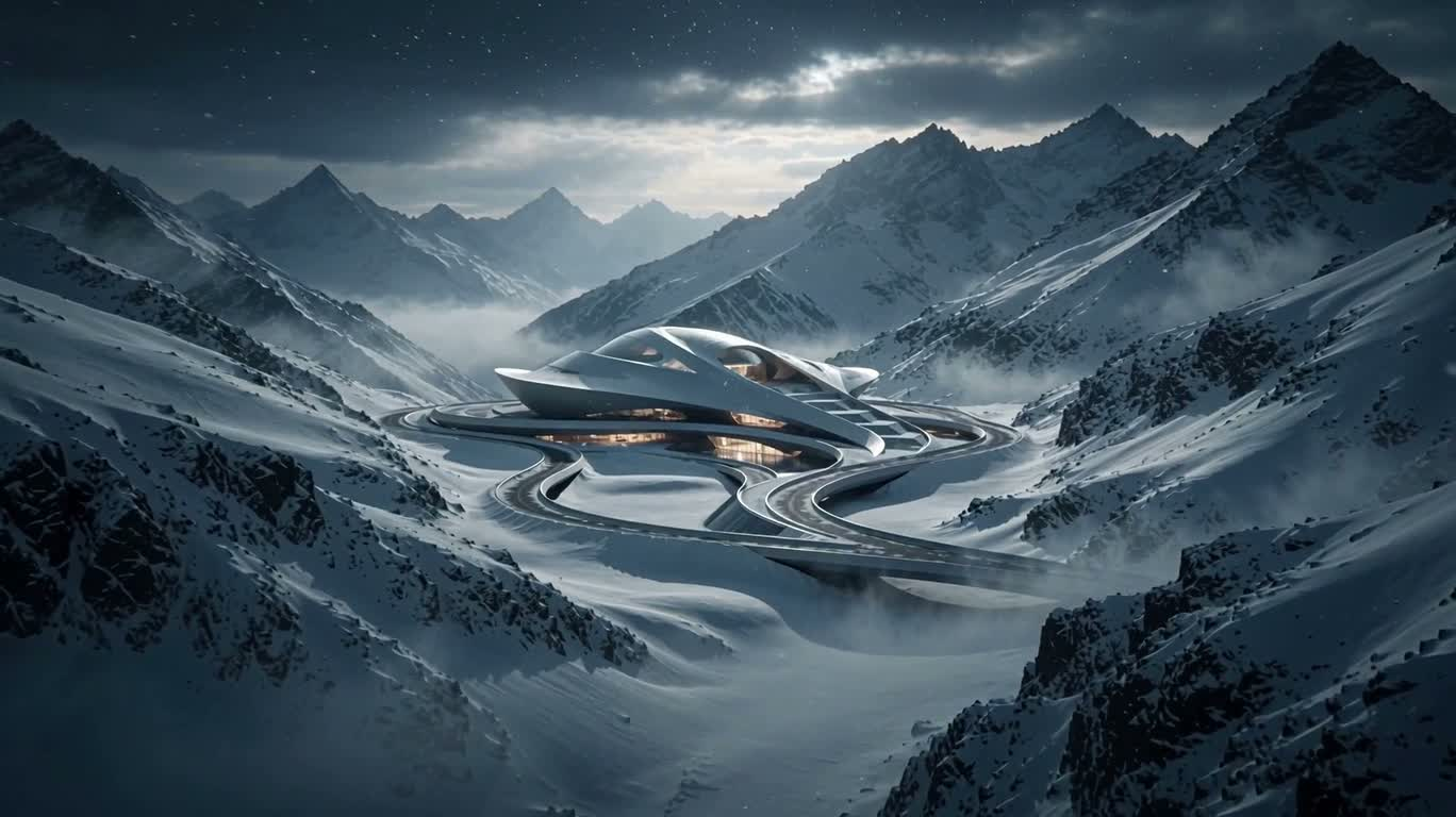 フランスアルプスの雪景色に浮かぶ未来建築 — AI video creation