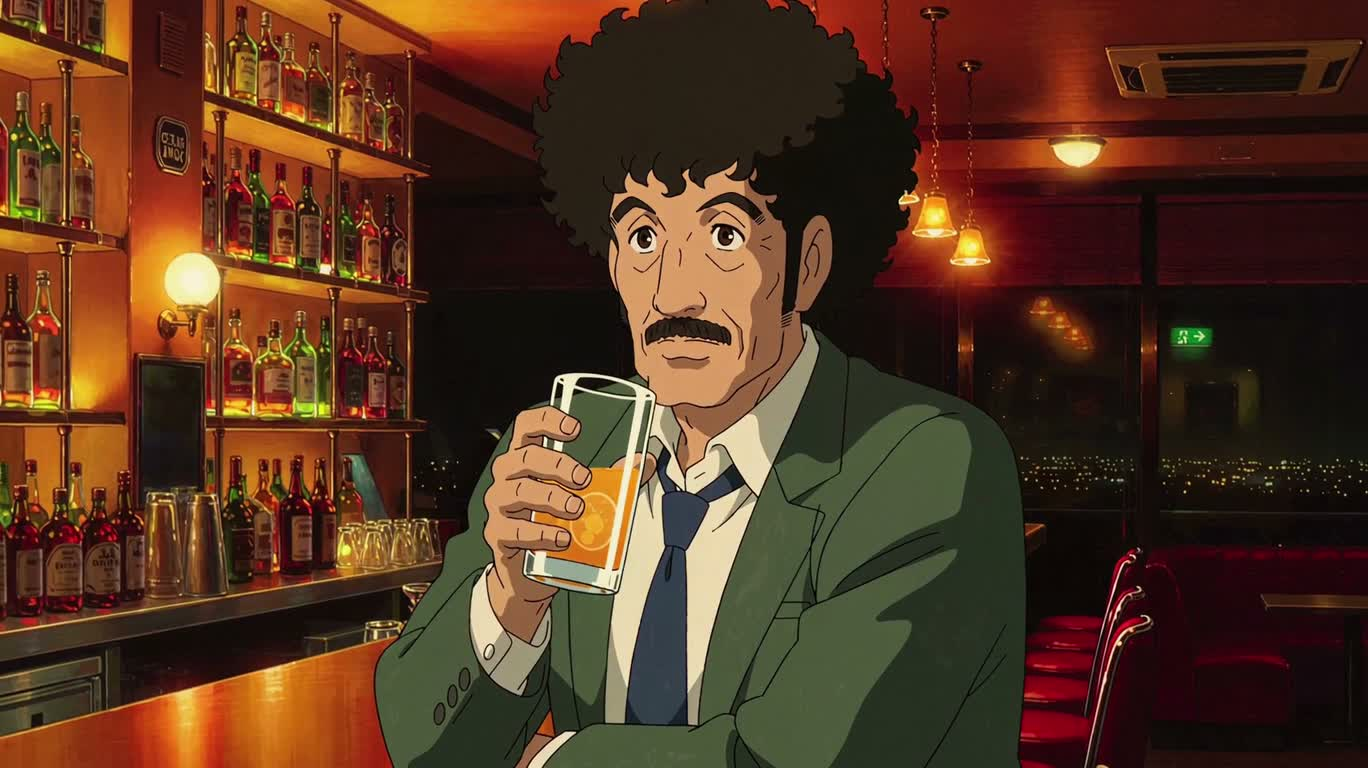 Portrait anime aux lumières orange dans un bar nocturne — AI video creation