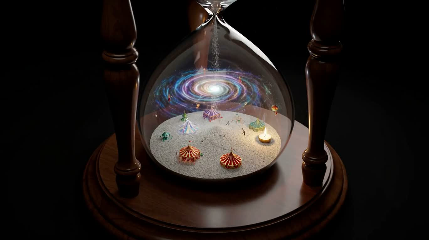 大理石の砂時計に宿る星間幻劇場 — AI video creation
