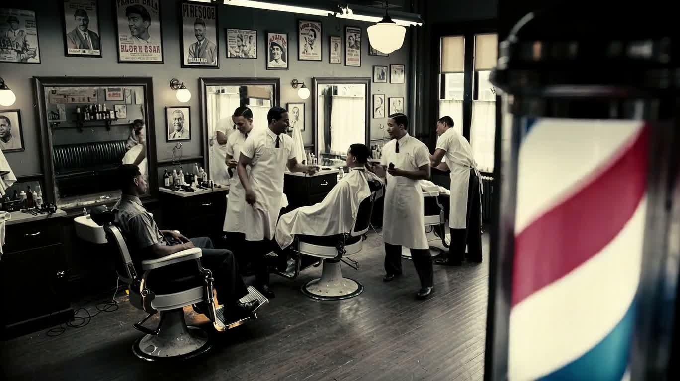 Cột cắt tóc xoay nhiều màu trong tiệm hớt tóc Harlem cổ điển