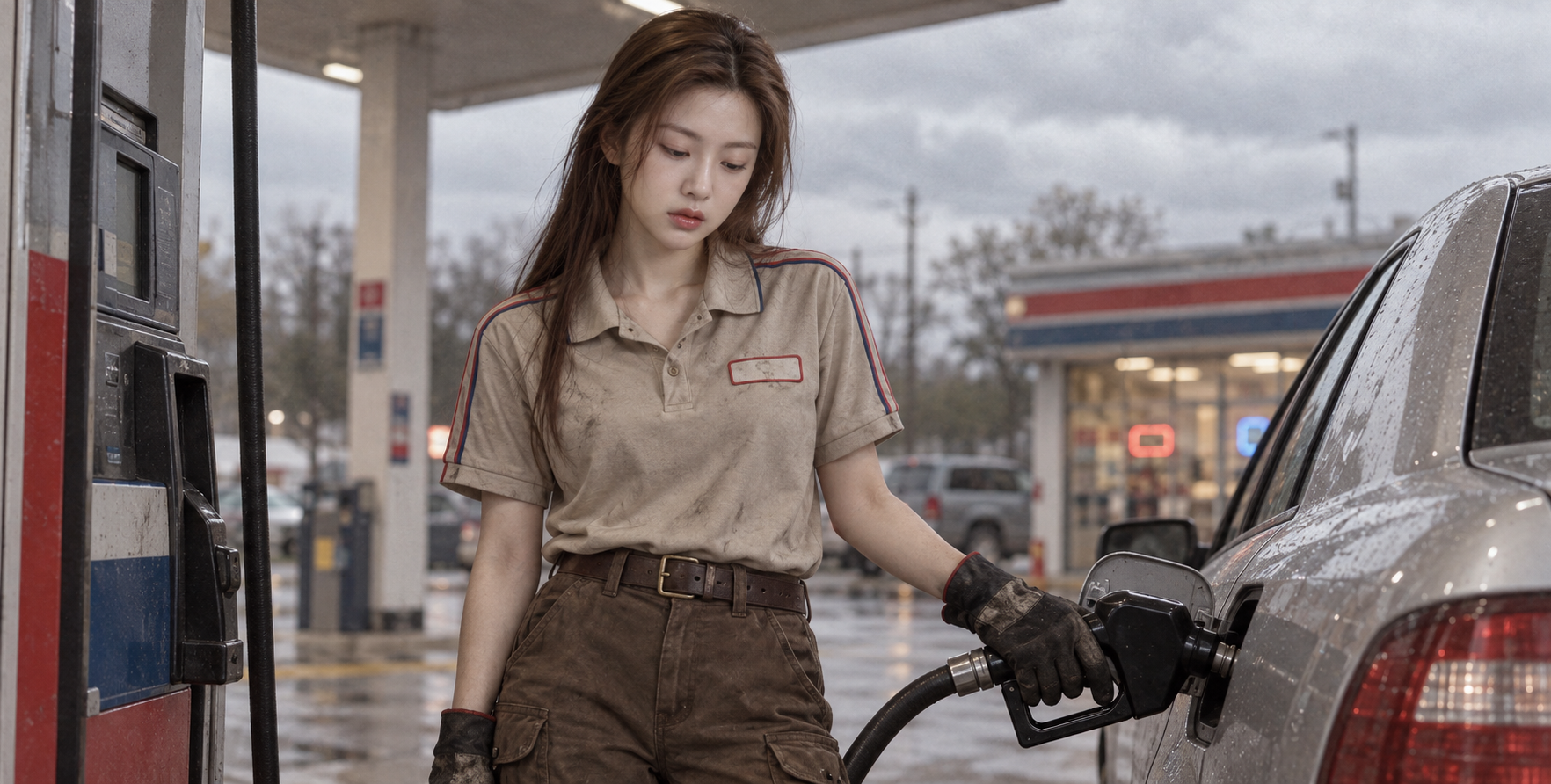 レトロなアメリカンガソリンスタンド店員の映画風ポートレート