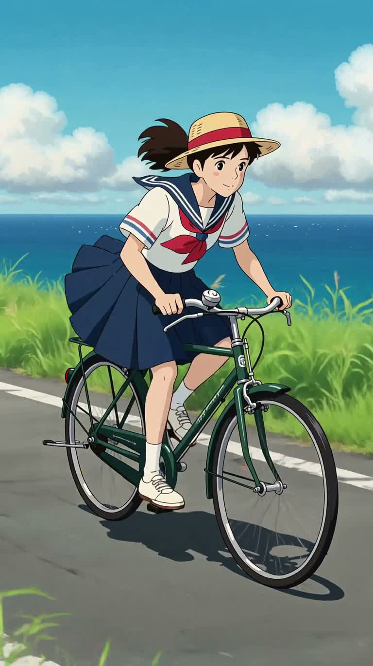 Jeune fille à vélo dans la brise marine