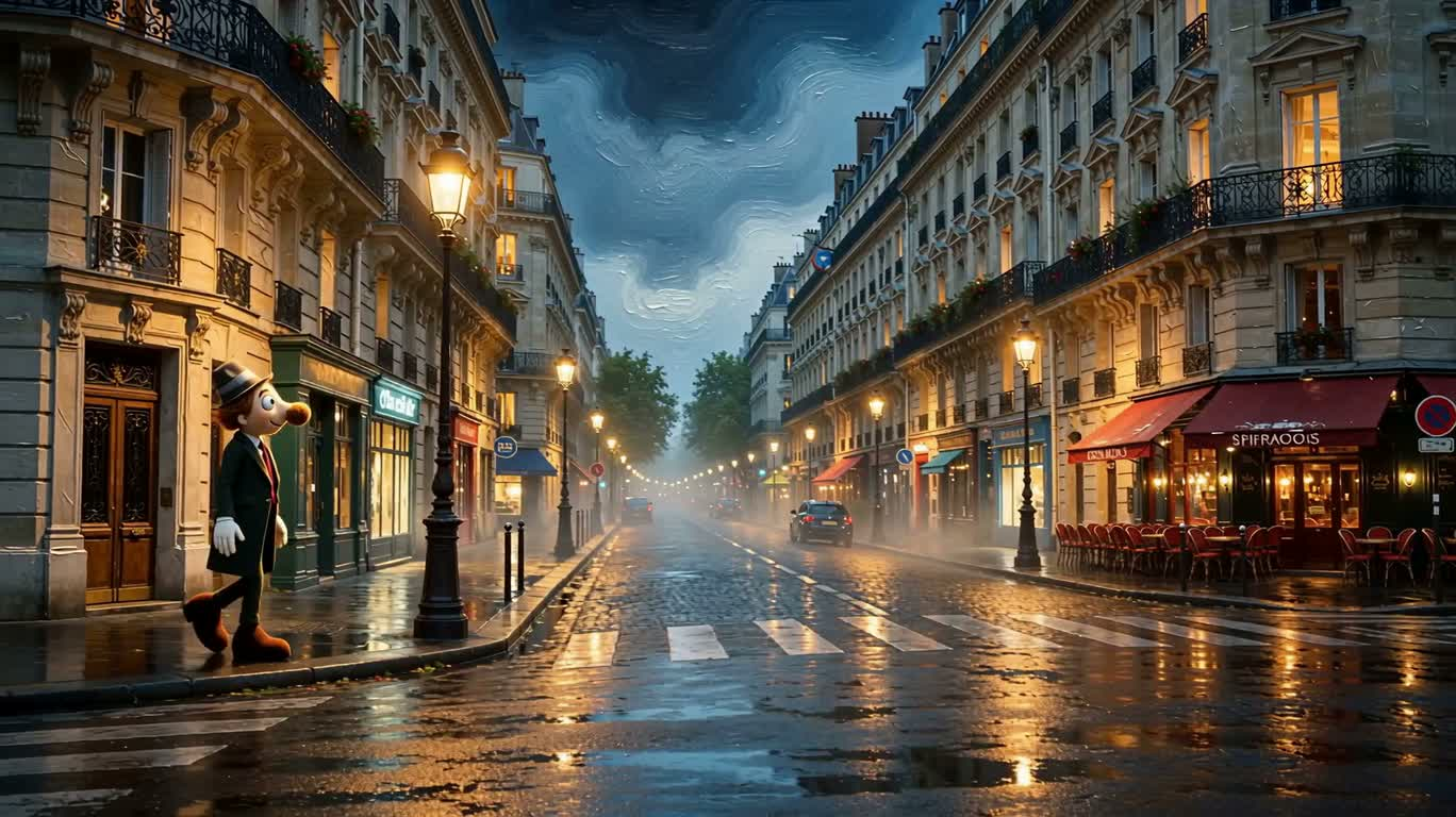 Rêve de marionnette à Paris la nuit, empâtement