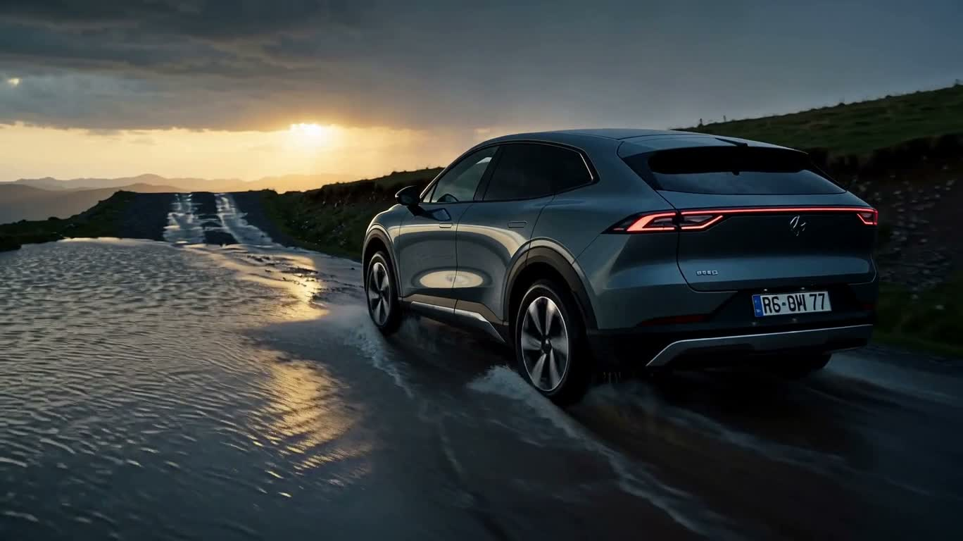 嵐の水路を行く電動SUV