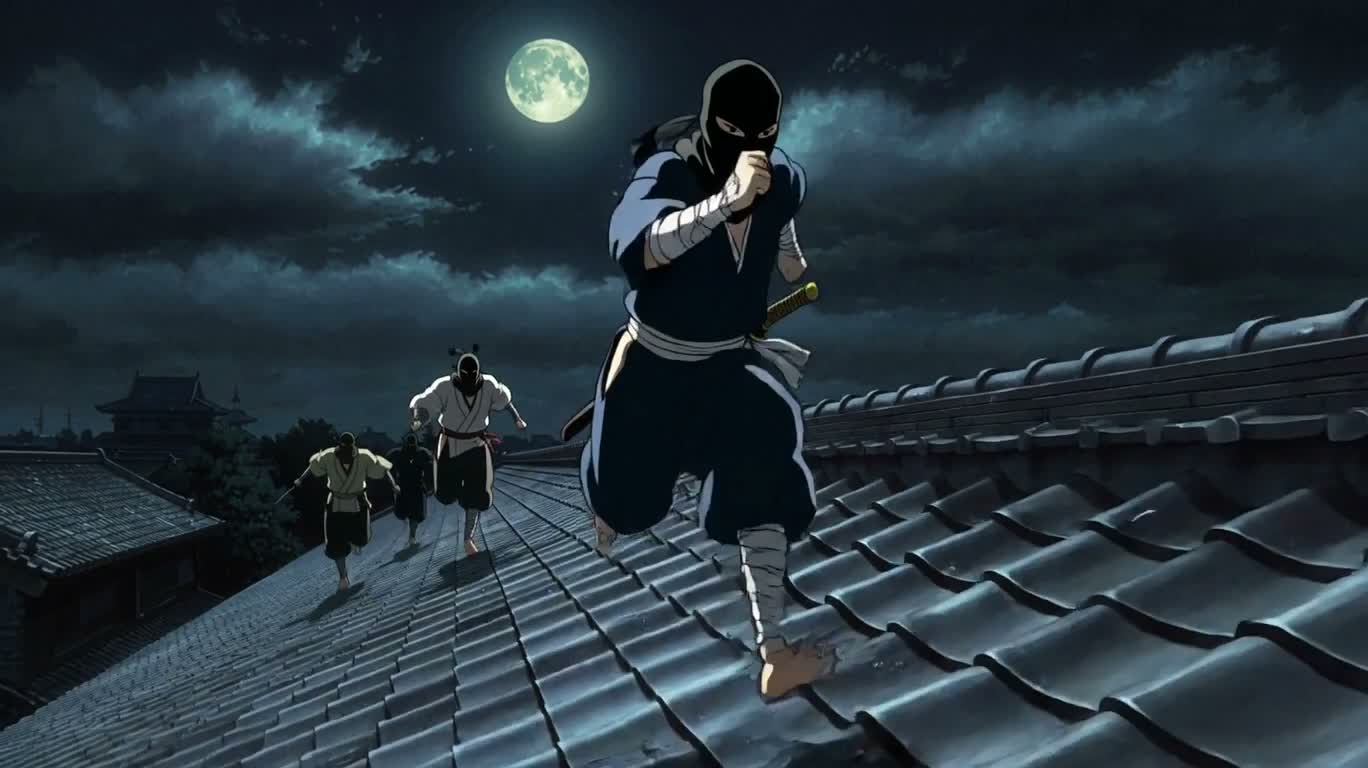 Cuộc rượt đuổi ninja trên mái nhà dưới trăng — AI video creation
