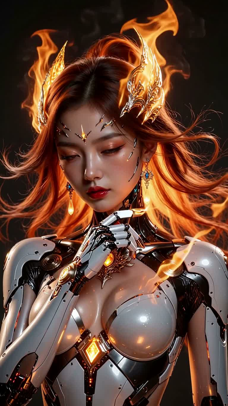 烈焰发丝的赛博女性肖像