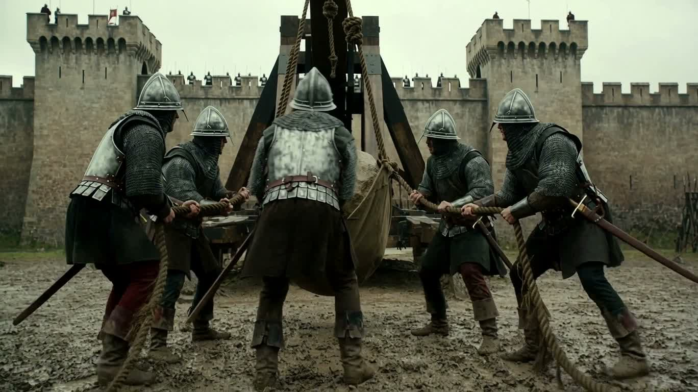 Siège sous la pluie : catapultes contre les remparts — AI video creation