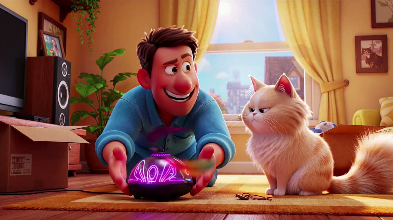 La comédie du contraste entre un chat et des jouets high-tech