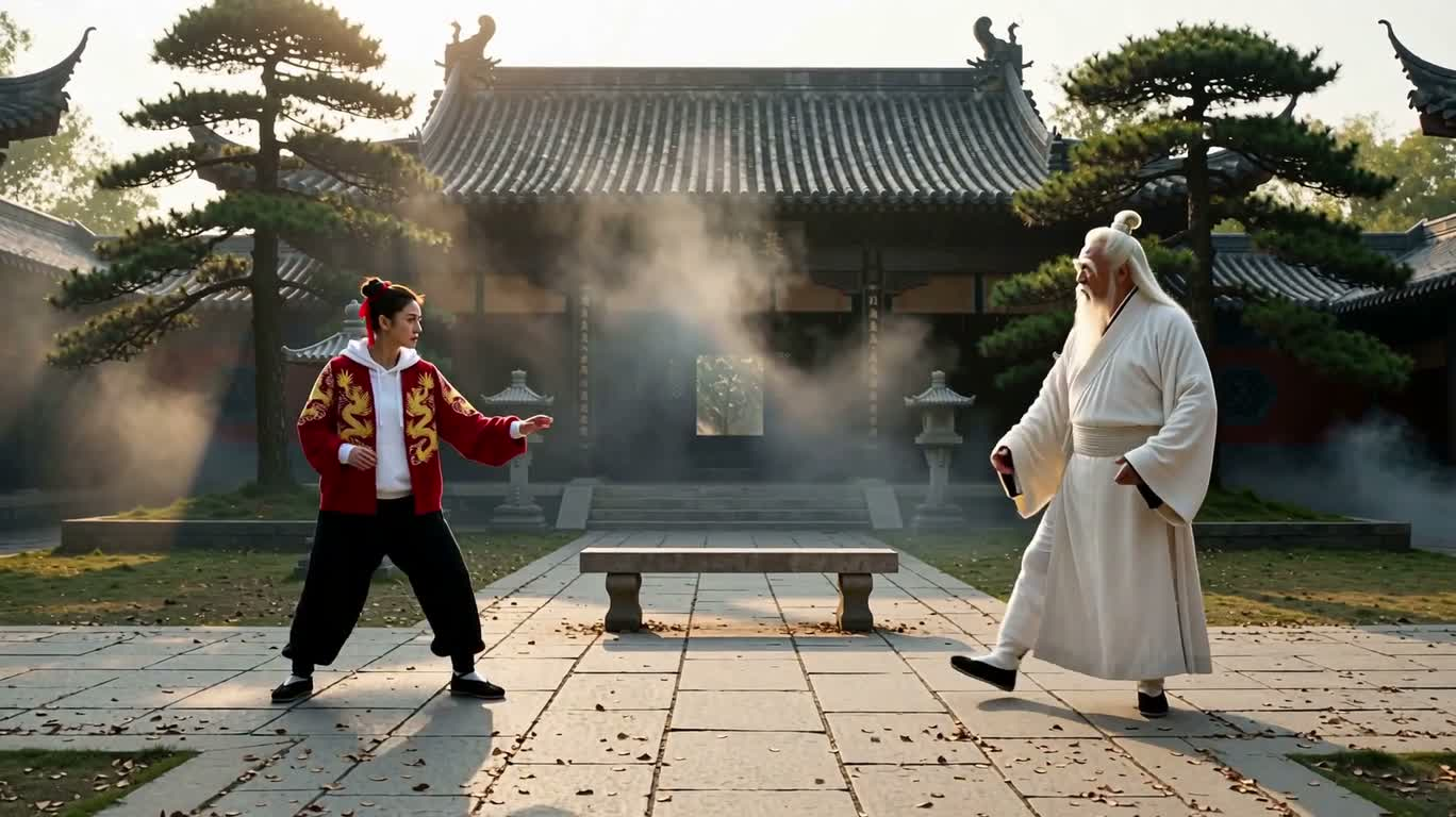 Temple ancien dans la brume matinale : duel de kung-fu