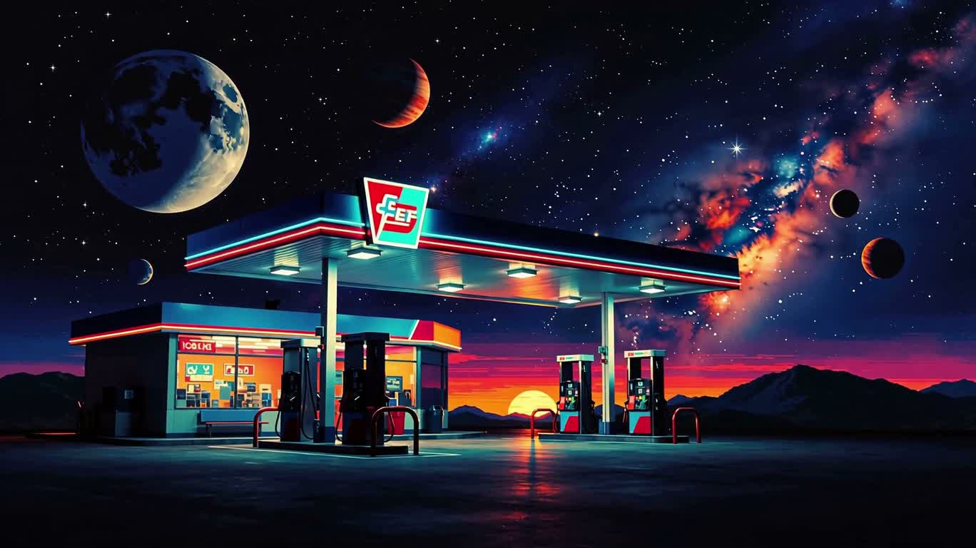 Trạm xăng vũ trụ dưới màn đêm neon