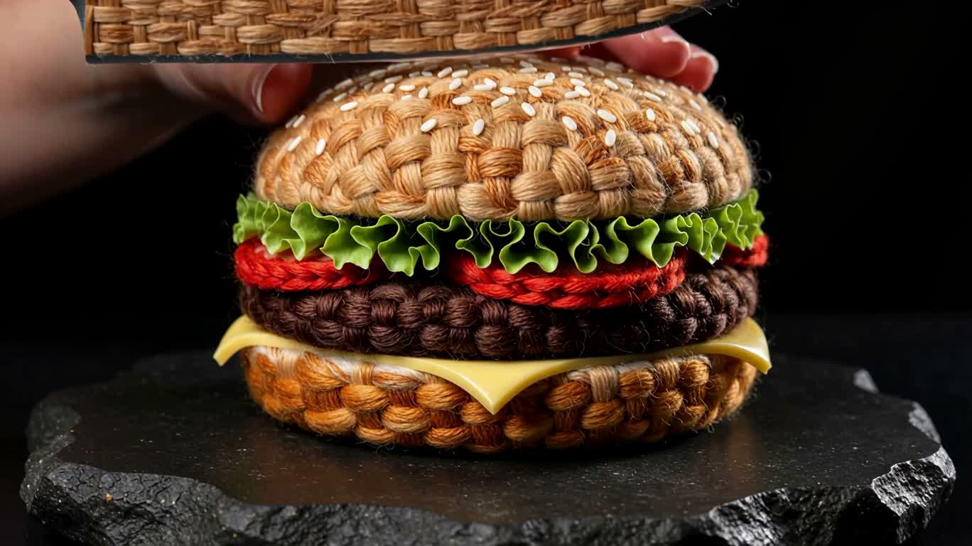Découpe d'un burger en laine tricotée