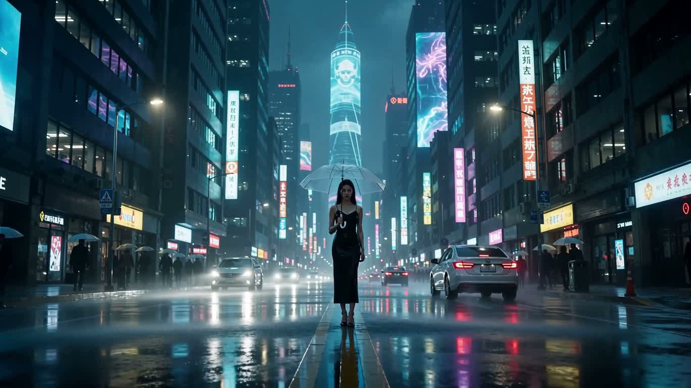 Silhouette de parapluie par nuit de pluie cyberpunk