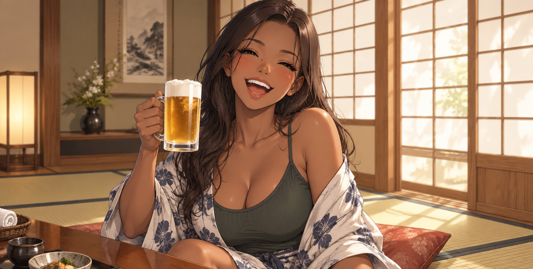 日式旅馆里举杯畅饮的开朗黑皮美少女