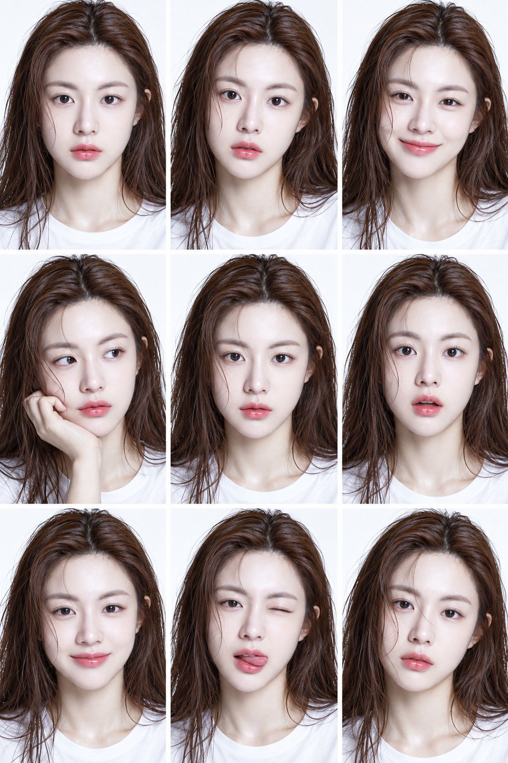 纯白影棚湿发九宫格成年女性表情肖像