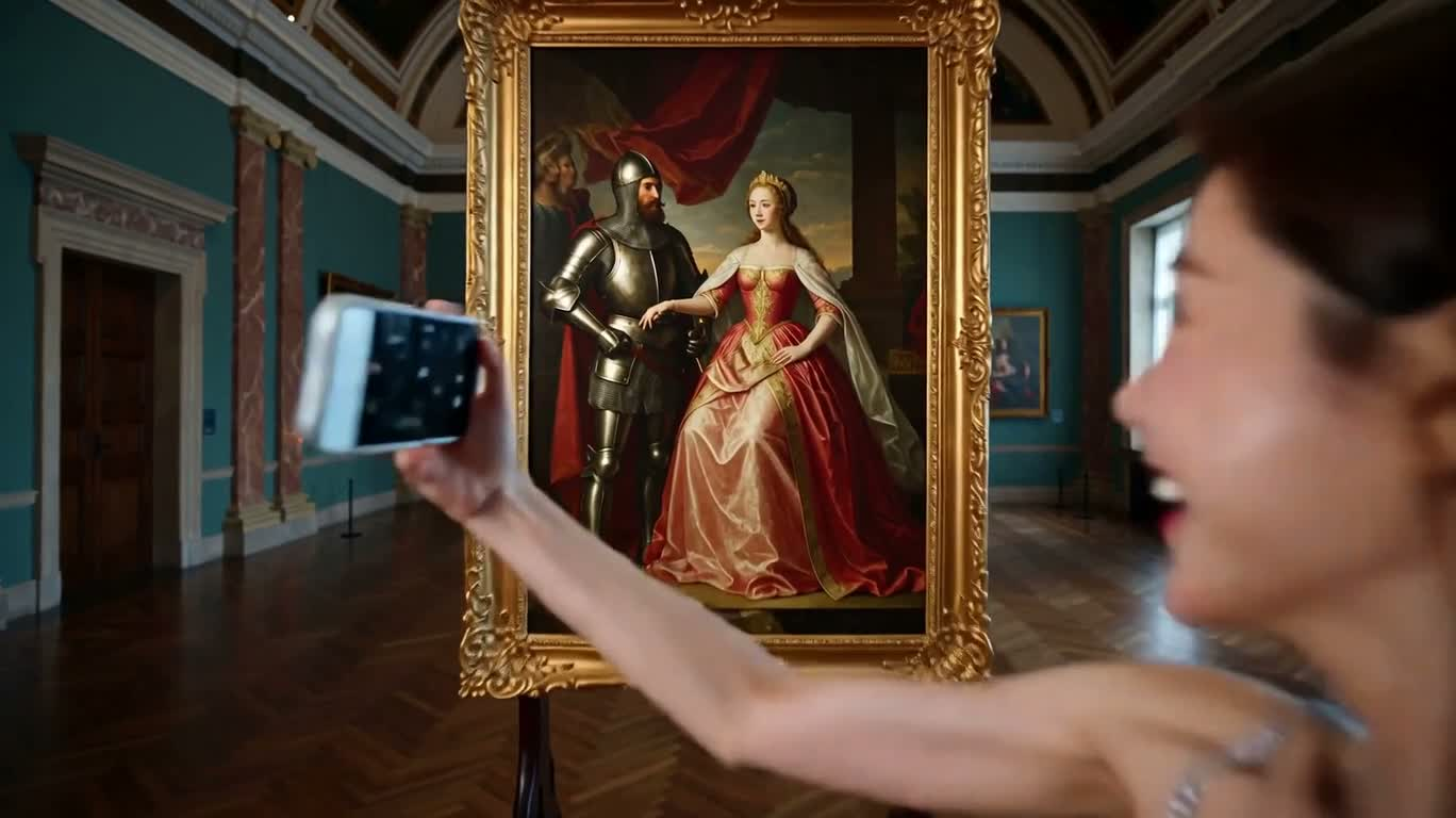 中世絵画を抜ける自撮り — AI video creation