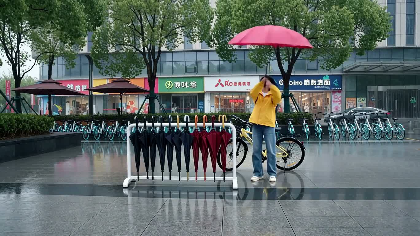 Formation de parapluies hors de contrôle sous la pluie : la sœur xianxia soulevée par le vent