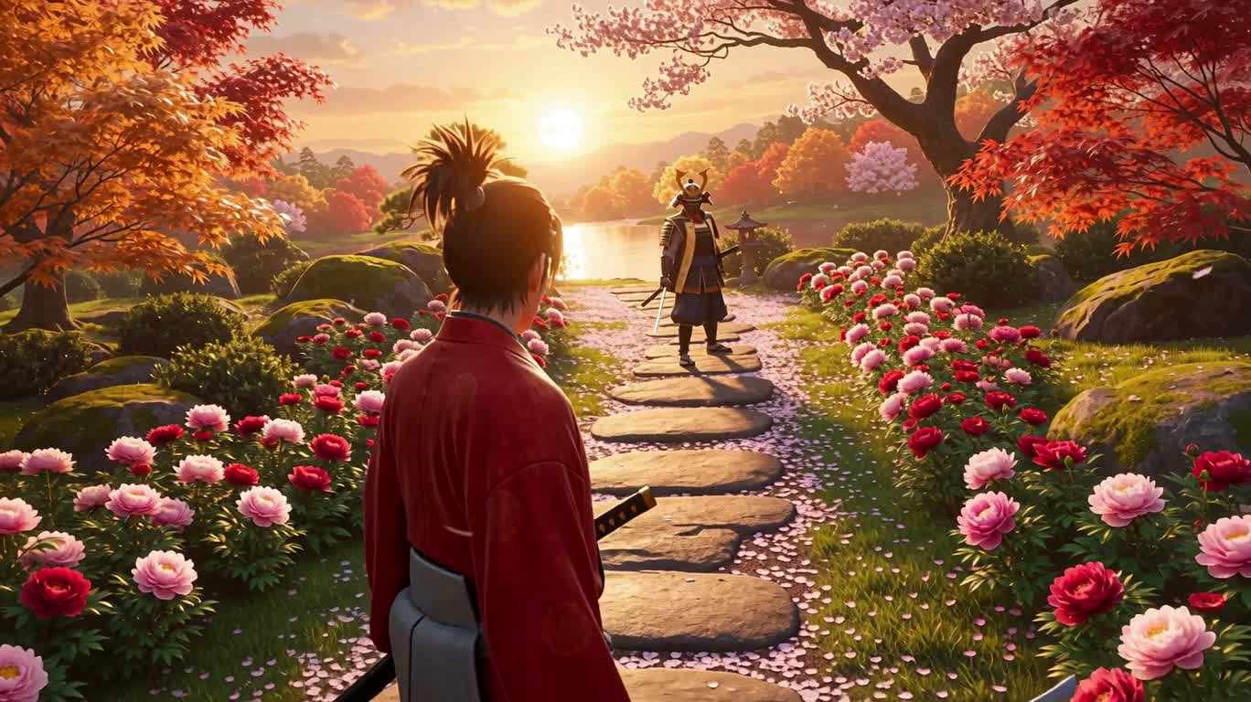 Duel of Samurai in the Flower Garden