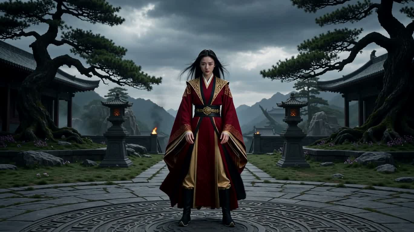 Crimson-Robed Mage in the Storm Courtyard