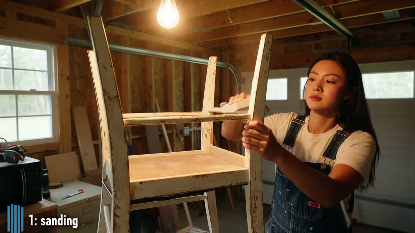 Journal de rénovation de vieilles chaises d'atelier — AI video creation