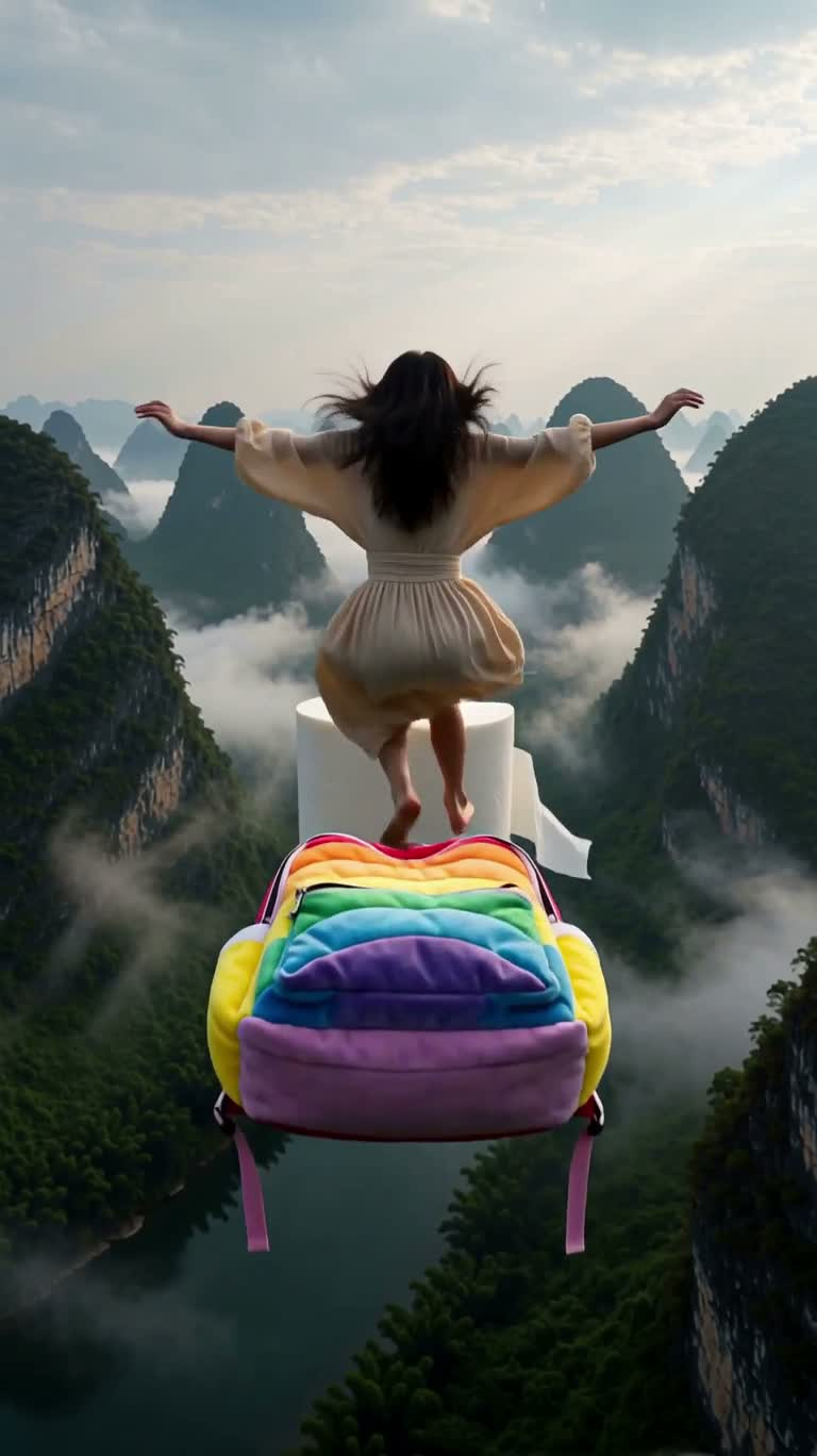 桂林深峡谷上的悬浮物品跑酷