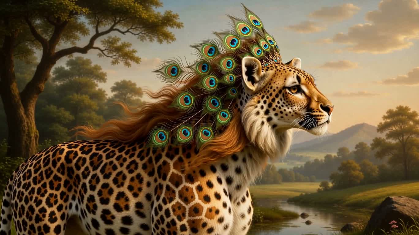 Thú huyền thoại với mào công trong gió — AI video creation