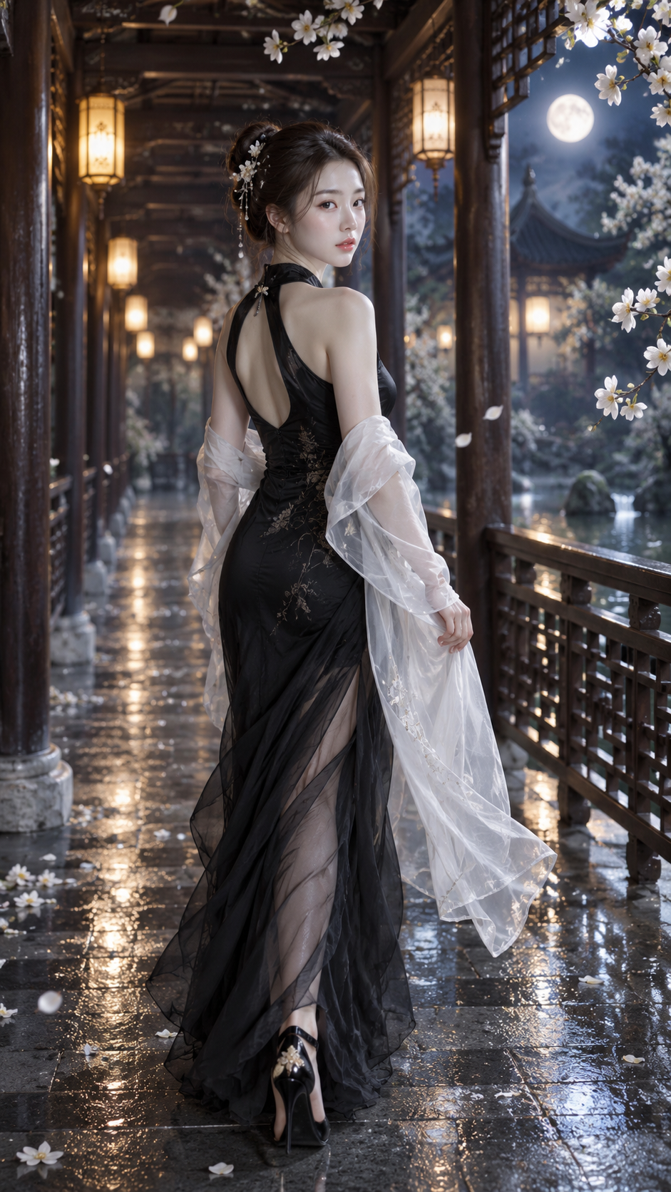 月光下古典回廊优雅女性