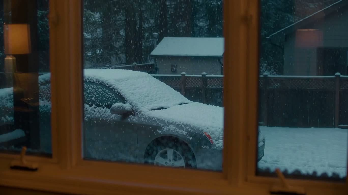 暖室窗外的大雪车景