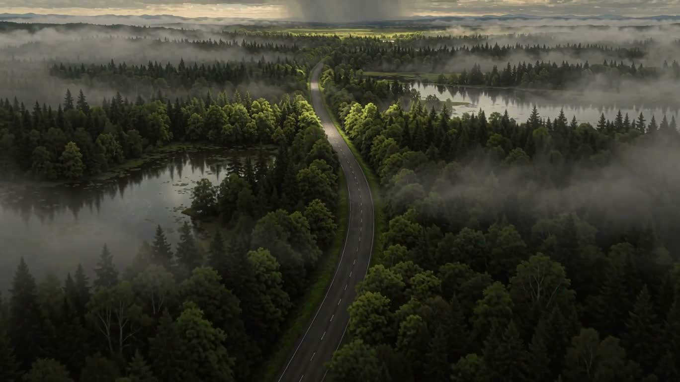 Лесная и степная дорога среди грозовых облаков и моря облаков