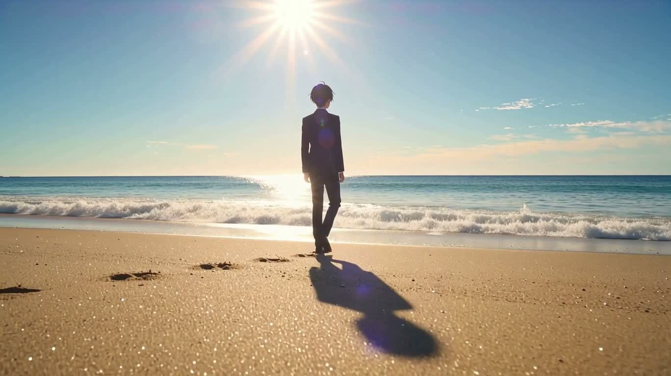 动漫角色漫步海滨
