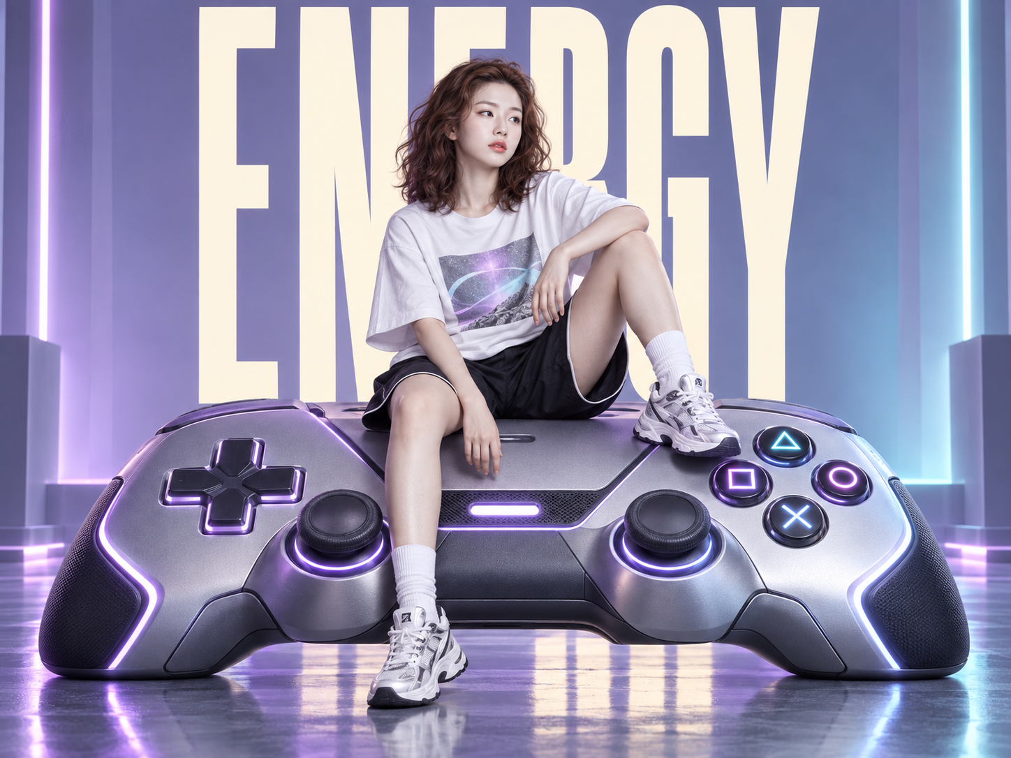 巨大なゲームコントローラーに座る少女のファッションポスター — AI image creation
