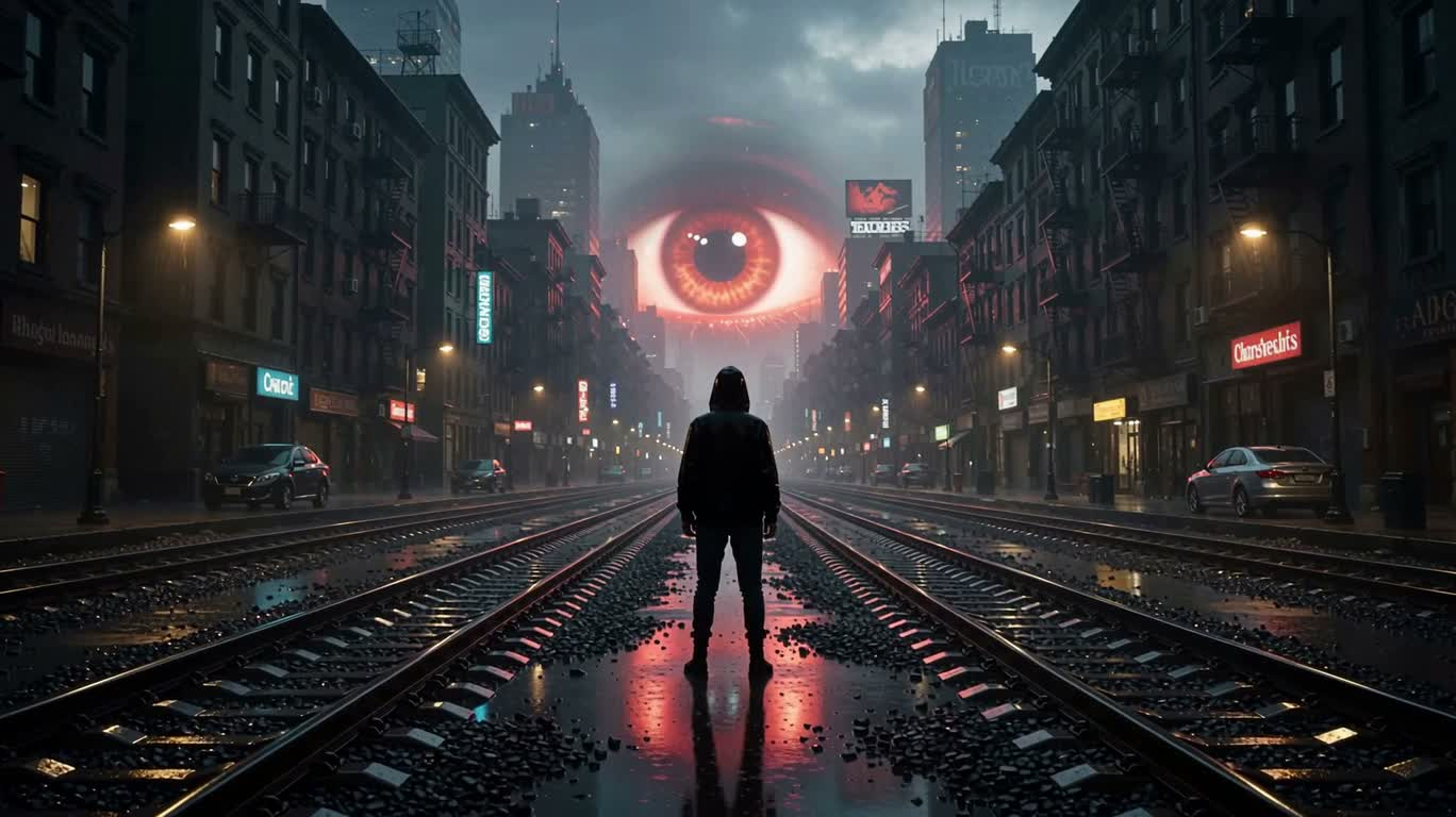 Mắt đỏ và người chạy trong đêm mưa — AI video creation