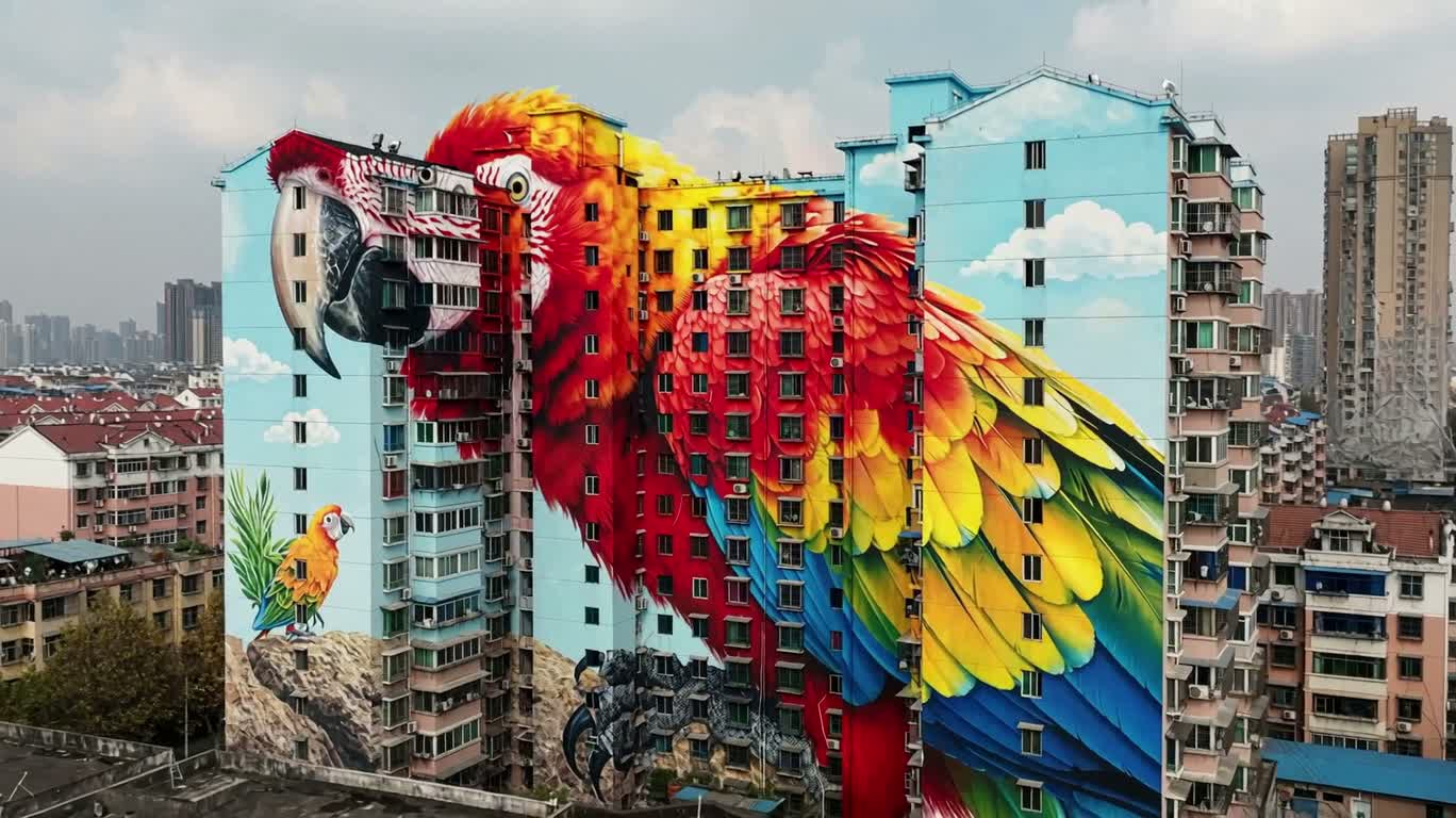 城市墙上的巨型鹦鹉壁画