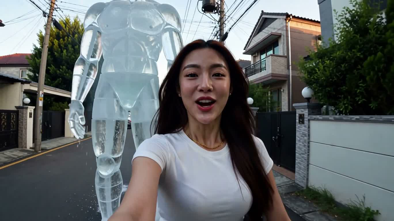 清晨街头的冰巨人自拍