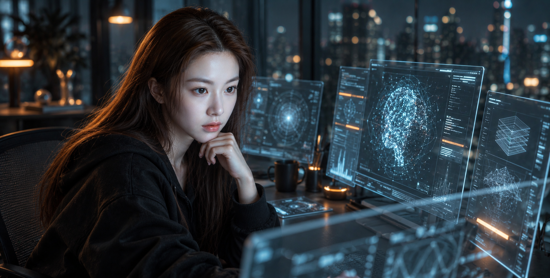 深夜全息屏前的科技黑色电影工程师 — AI image creation