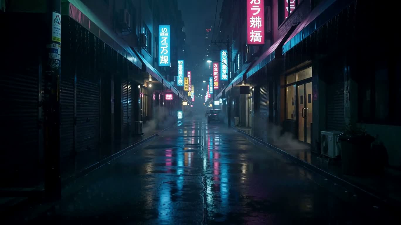 Ruelle sous la pluie au néon de minuit
