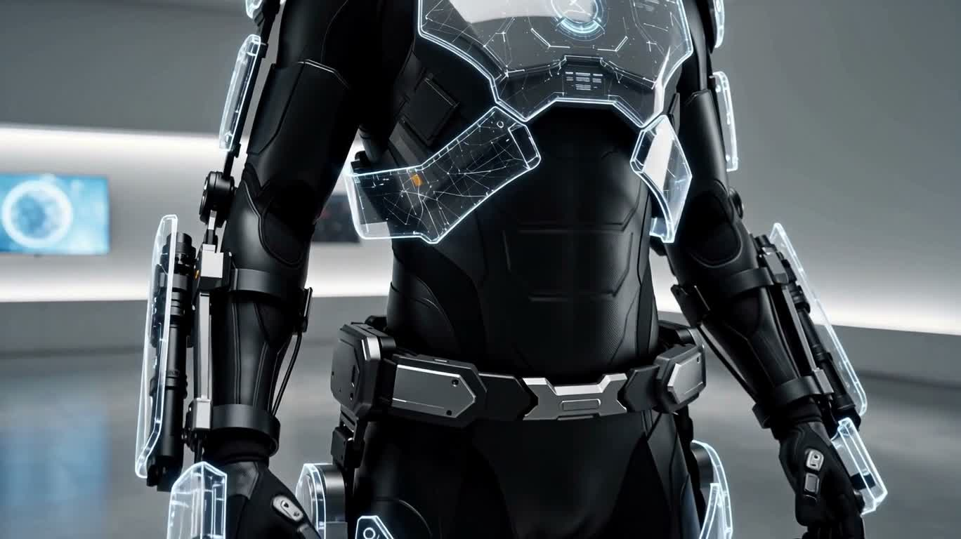 Holographic Exoskeleton in a Futuristic Tech Showroom