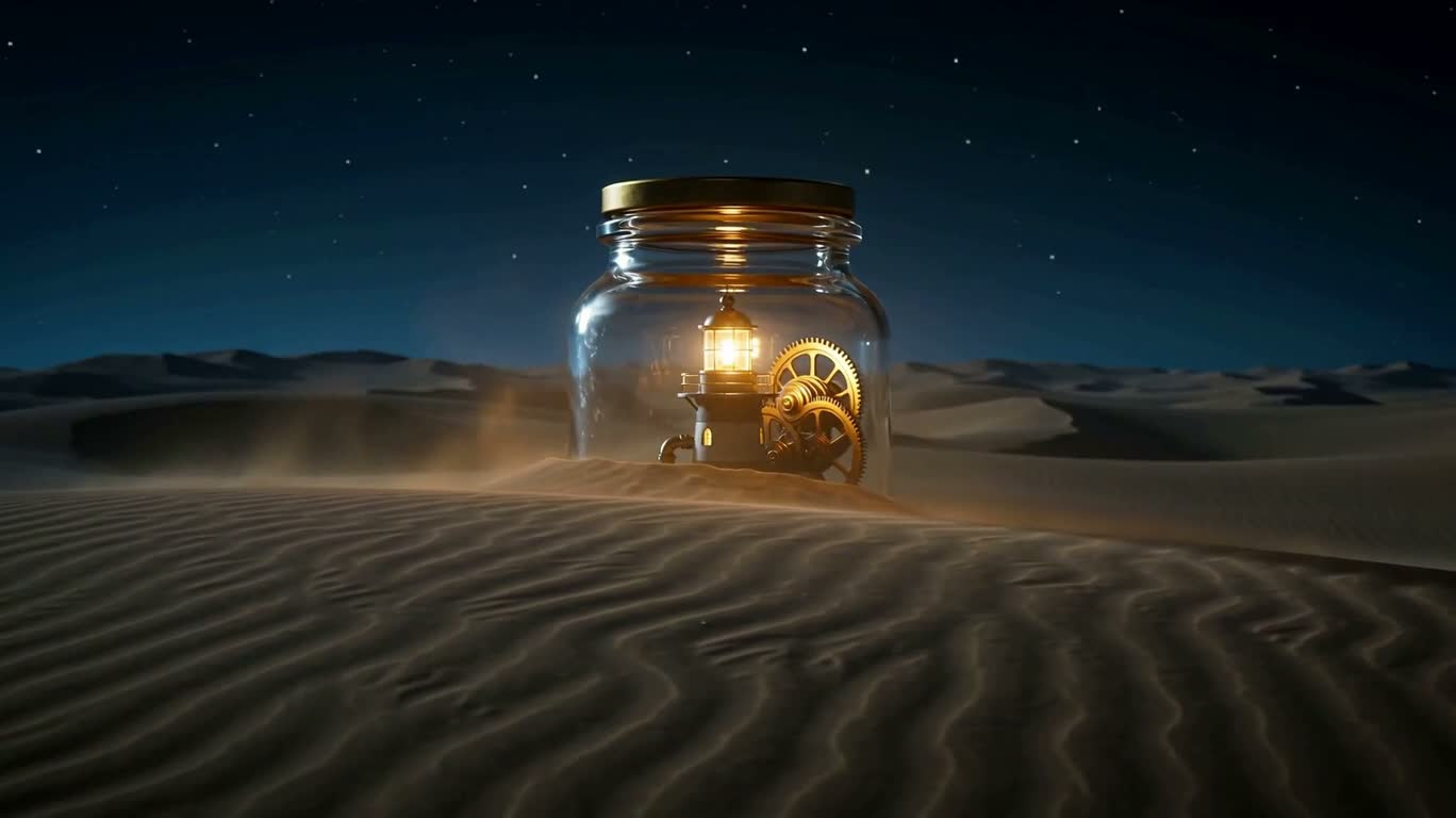 Phare à vapeur dans un bocal en verre sur une mer de sable