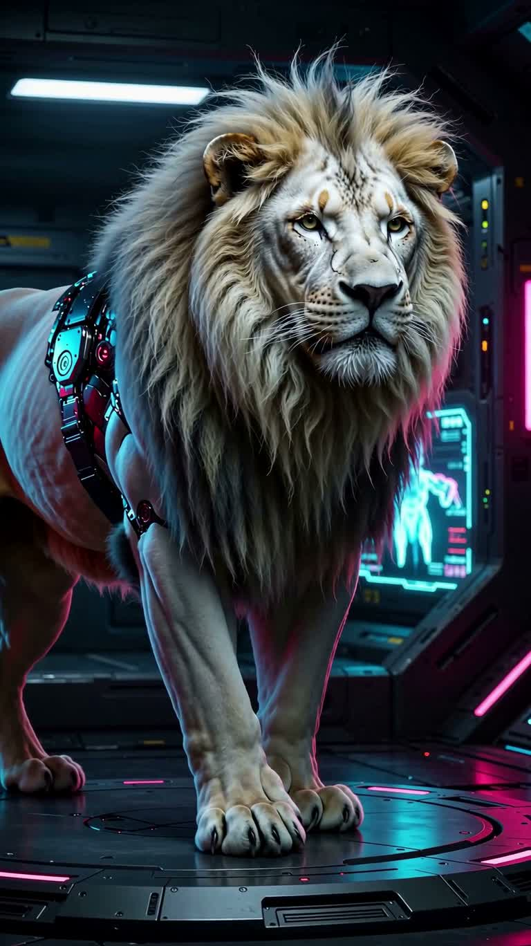 Portrait de lion blanc cybernétique — AI video creation