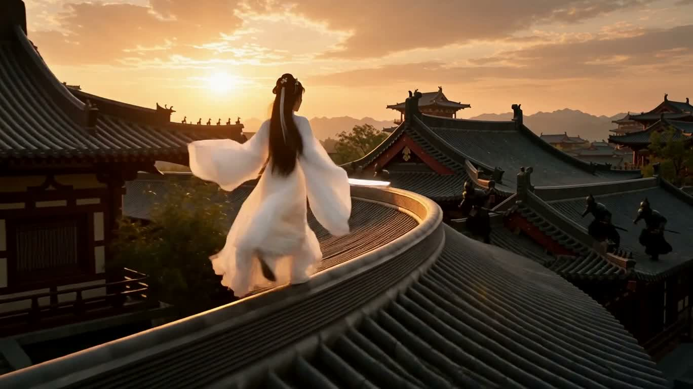 夕阳屋脊上的白衣剑影