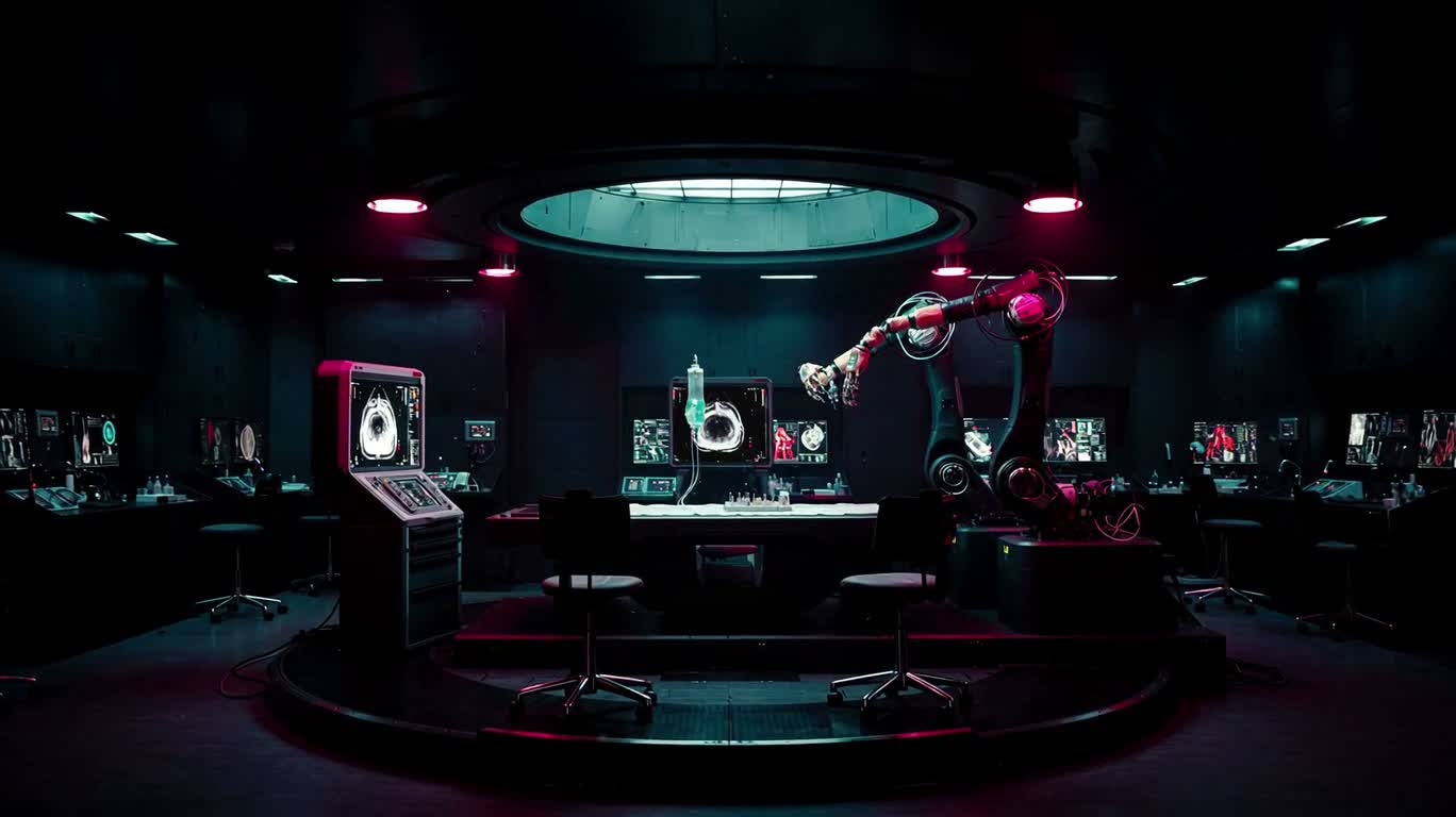Bras robotiques fourchus dans un cyber laboratoire de biochimie — AI video creation